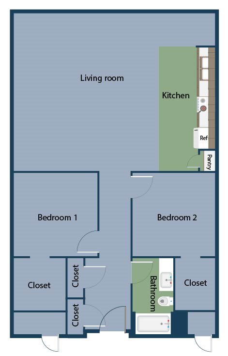 Floor plan for 2 beds, 1 bath, 1283 sqft